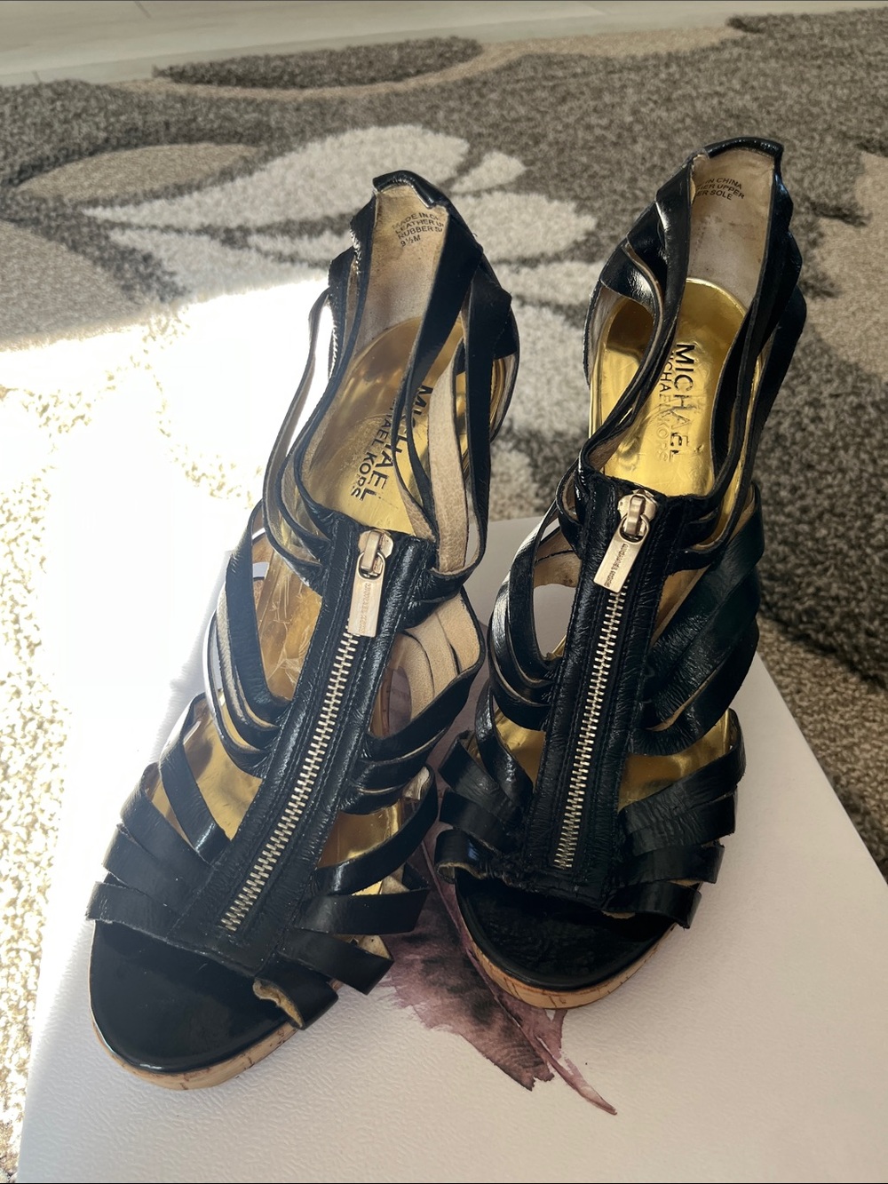 Michael Kors Black Strappy Leather Zip Heels Sandals with Platform